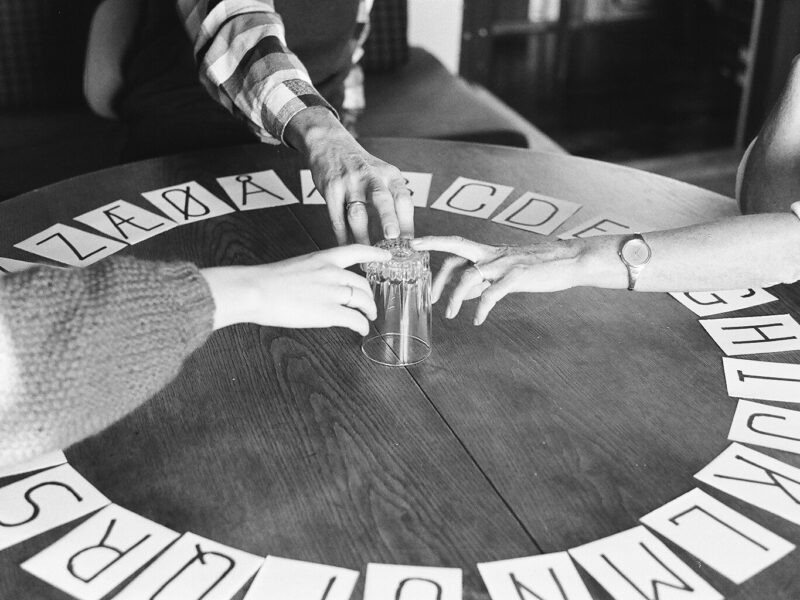 Photo of a reconstruction of a ouija board from 1987.