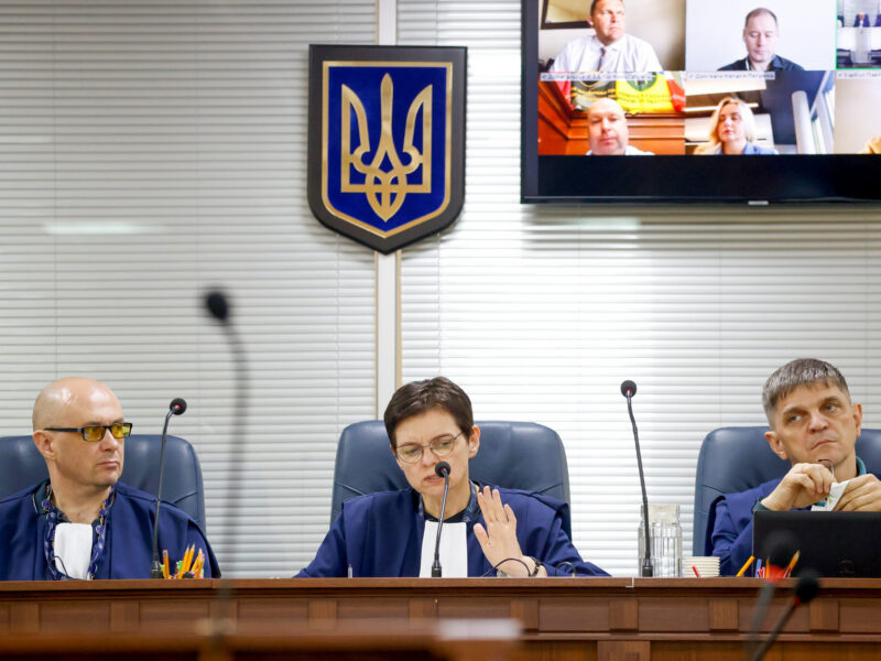 High Anti-Corruption Court judges attend a hearing in the corruption case involving SpetsTechnoExport in Kyiv, with accused Pavlo Barbul appearing remotely.