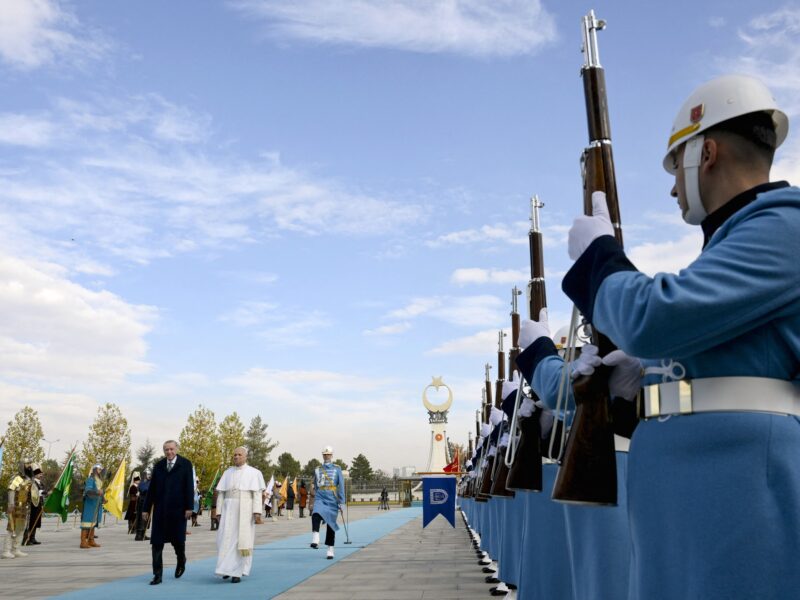 Pope Leo XIV is greeted by President of Turkey Recep Tayyip Erdogan during a welcome ceremony at the Presidential Palace in Ankara, Turkey on November 27, 2025 during his first Apostolic Journey.