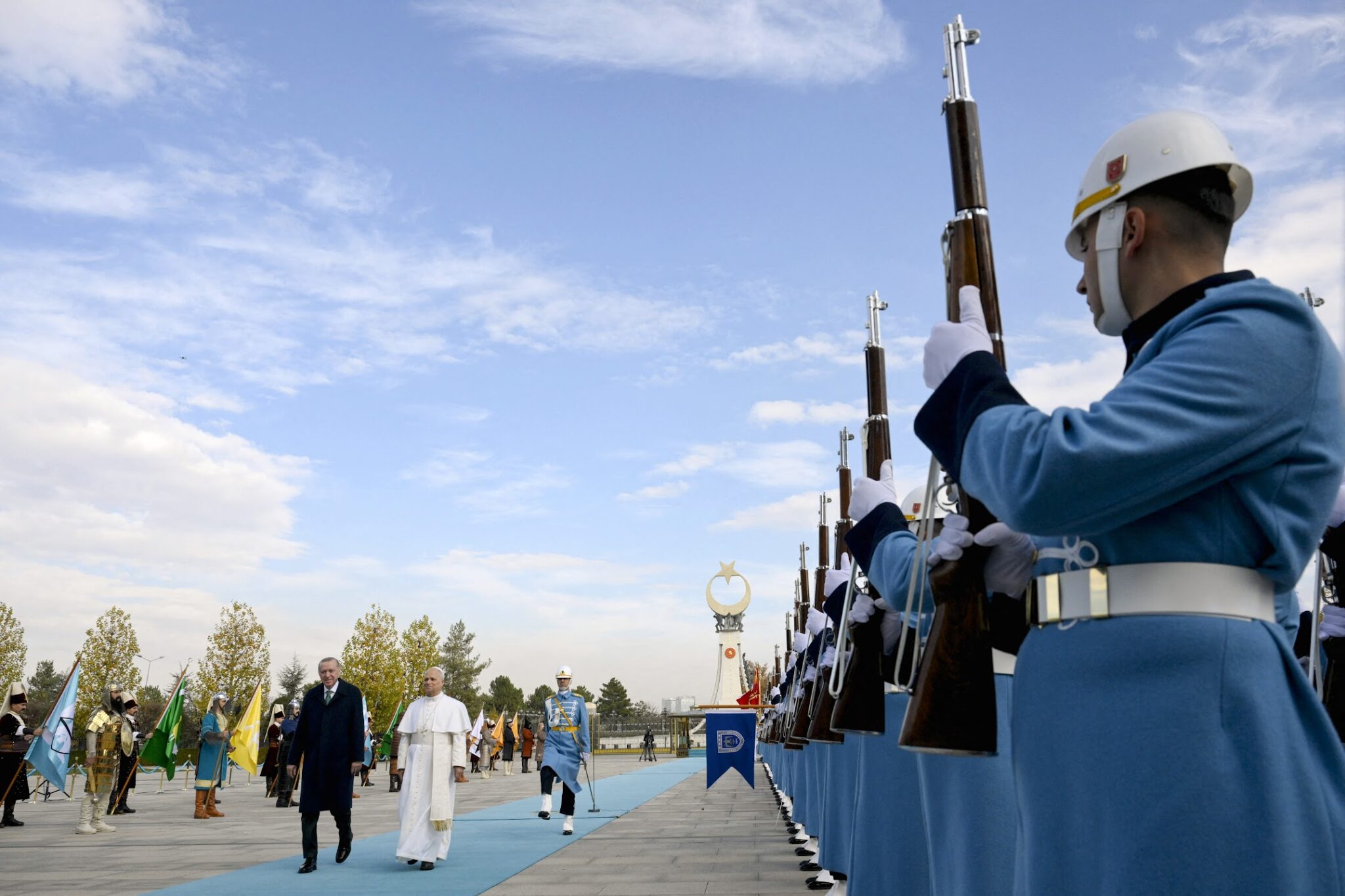 Pope Leo XIV is greeted by President of Turkey Recep Tayyip Erdogan during a welcome ceremony at the Presidential Palace in Ankara, Turkey on November 27, 2025 during his first Apostolic Journey.