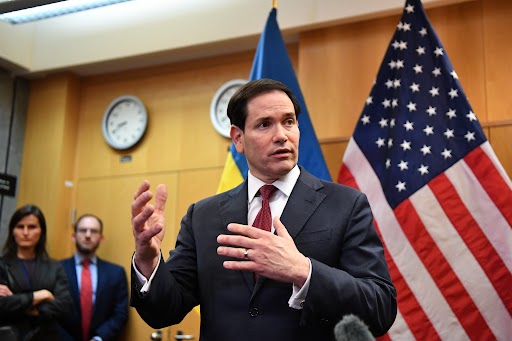 U.S. Secretary of State Marco Rubio speaks during a press briefing in Geneva, Switzerland, Nov. 23, 2025.