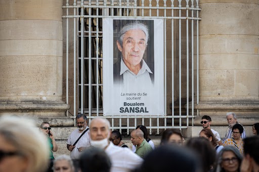 A poster in tribute and support to Boualem Sansal seen on the facade of the Town Hall of the 5th arrondissement. June 19, 2025, Paris, France