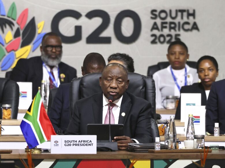 South African President Cyril Ramaphosa chairs the closing ceremony of a two-day G20 summit in Johannesburg on Nov. 23, 2025.