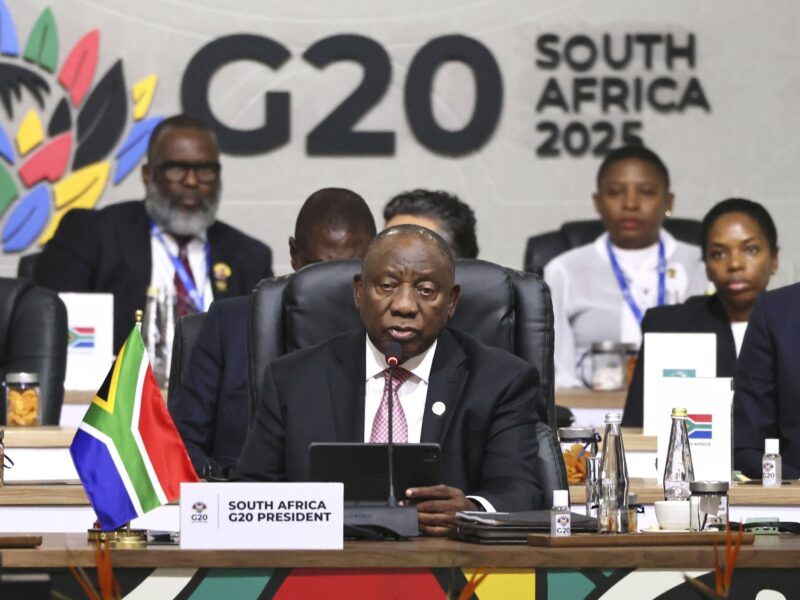 South African President Cyril Ramaphosa chairs the closing ceremony of a two-day G20 summit in Johannesburg on Nov. 23, 2025.