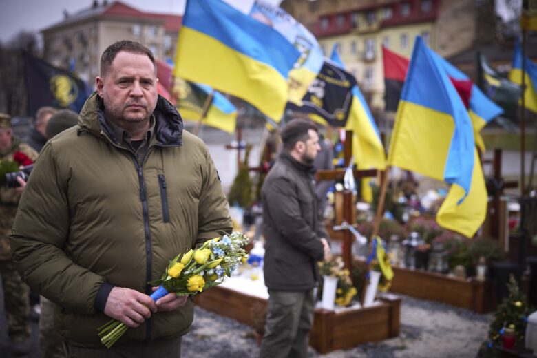 Ukrainian chief of presidential staff Andriy Yermak and Volodymyr Zelensky during a ceremony honoring fallen warriors on December 17, 2024, Lviv, Lviv Oblast, Ukraine