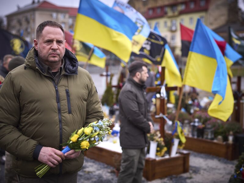Ukrainian chief of presidential staff Andriy Yermak and Volodymyr Zelensky during a ceremony honoring fallen warriors on December 17, 2024, Lviv, Lviv Oblast, Ukraine