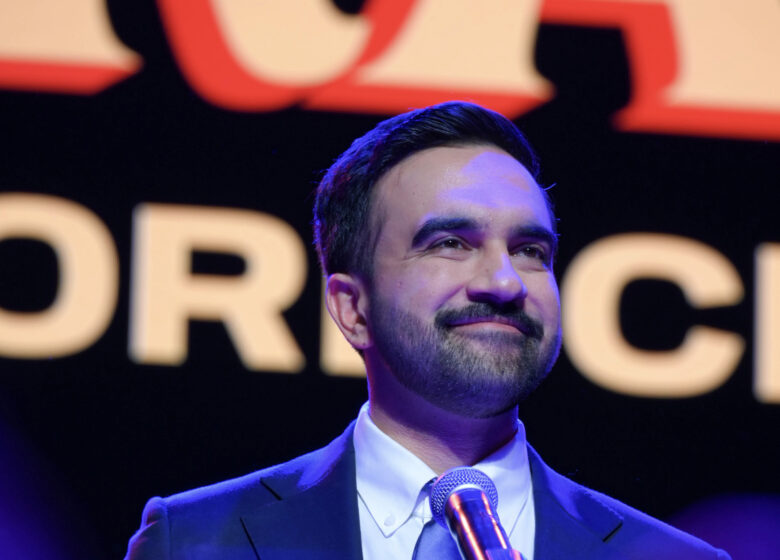 Mayor-elect Zohran Mamdani speaks on stage at the Brooklyn Paramount Theatre after victory in the New York City mayoral race. November 5, 2025, New York, New York, USA.