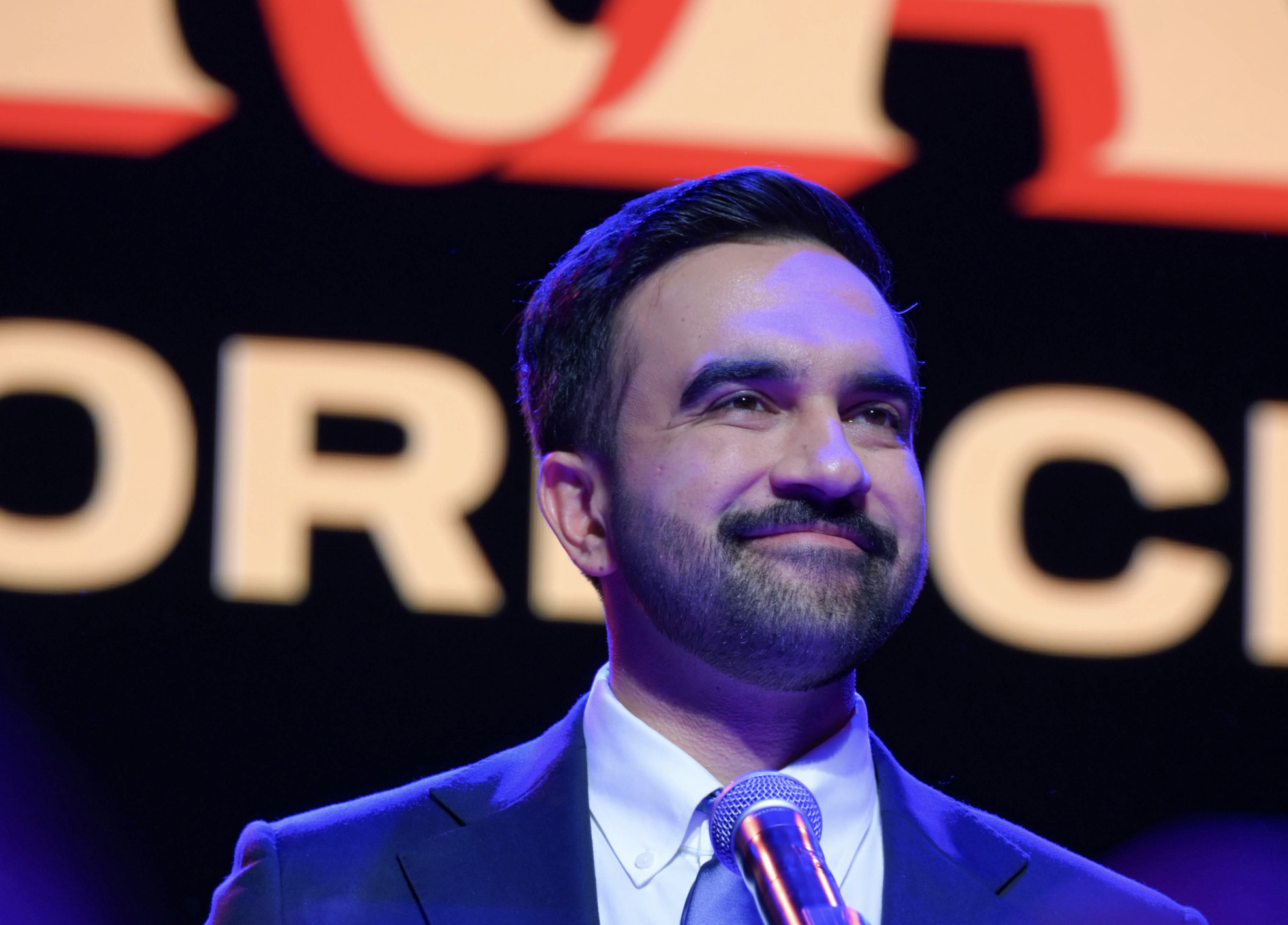 Mayor-elect Zohran Mamdani speaks on stage at the Brooklyn Paramount Theatre after victory in the New York City mayoral race. November 5, 2025, New York, New York, USA.