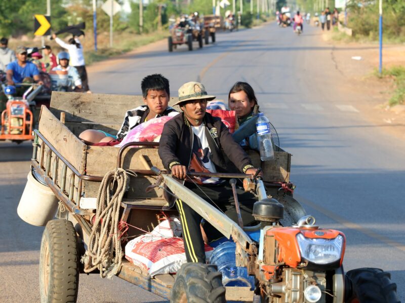 Cambodian civilians flee their homes near border with Thailand for a safe shelter in Siem Reap province, Cambodia on Dec. 8, 2025.