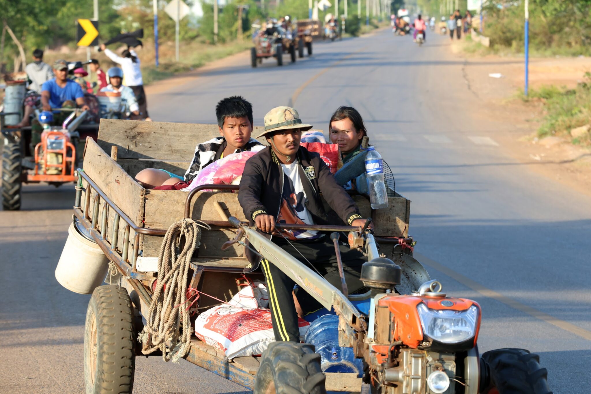 Cambodian civilians flee their homes near border with Thailand for a safe shelter in Siem Reap province, Cambodia on Dec. 8, 2025.