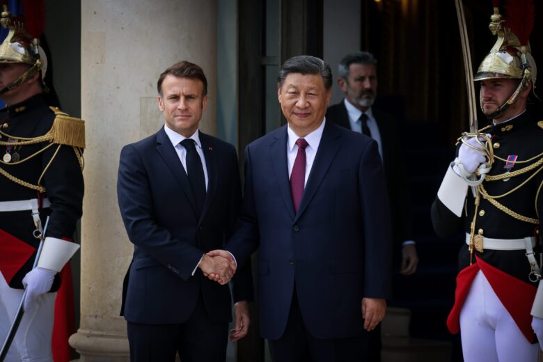 Macron welcoming Xi to the French presidential palace on May 6, 2024, Paris.