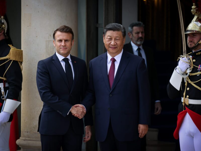 Macron welcoming Xi to the French presidential palace on May 6, 2024, Paris.