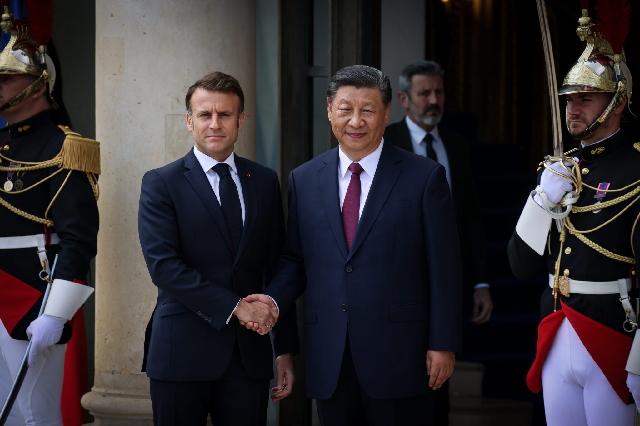 Macron welcoming Xi to the French presidential palace on May 6, 2024, Paris.